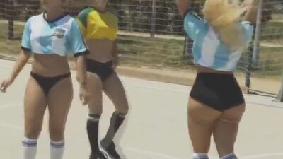 Soccer chicks fighting for trainers cock