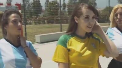 Soccer chicks fighting for trainers cock