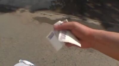 Busty gives outdoor blowjob