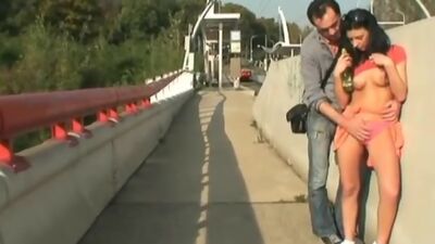 Brunette gets cock in public place