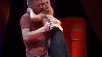 Erotic blonde slut fucking on stage