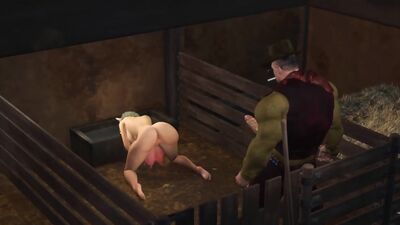 Four breasts and an udder! Farmer plays with a sexy young woman in cowshed