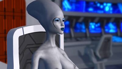 Sexy sci-fi female alien plays with a black girl in the space station