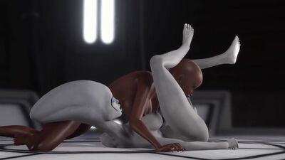 Sexy sci-fi female alien plays with a black girl in the space station