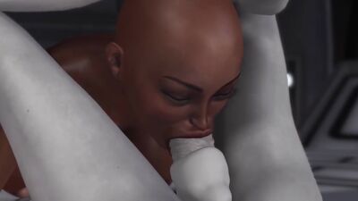 Sexy sci-fi female alien plays with a black girl in the space station