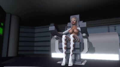Sci-fi sex machine. Sexy alien shemale plays with a hot ebony in restraints