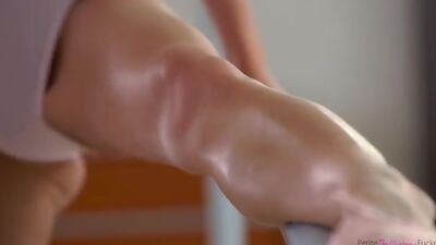 Hot ballerina babe Arian peels off her leotard and gets a pussy pounding from behind before riding her coachs hard dick