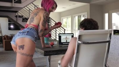 Stepson Eating Stepmom's Pussy While On Phone With Dad