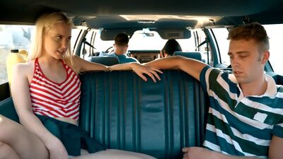 Stepsiblings sex in the back of the car with the parents in the front