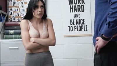 Raven haired thief gets on cock at the backoffice