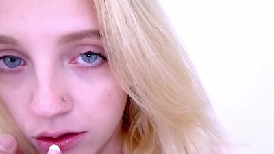 Cute skinny blonde cums really hard on big cock in studio