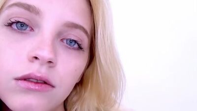 Cute skinny blonde cums really hard on big cock in studio