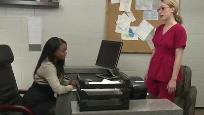 Big tits ebony boss pussy licking her blonde white employee