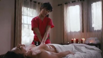 Busty asian masseuse gets her hairy pussy licked by her client