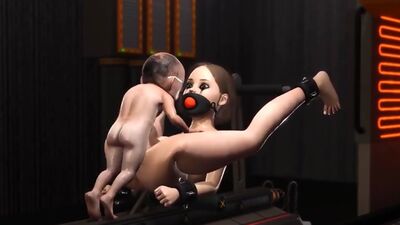 Midget plays with a sexy cuffed college girl in restraints in the lab