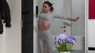 Petite perky Lana Roy peels tight sweats off of her body