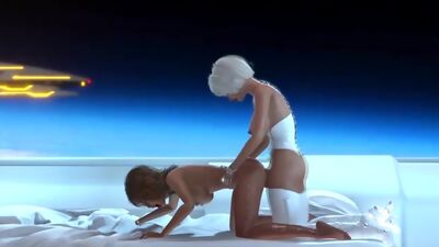 3d sexy sci-fi dickgirl android plays with a hot woman in the space station