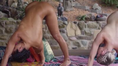 Flexible busty MILF Daniella Smith and skinny teen doing nude yoga outdoor