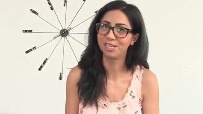 Flashing big tit Latina gags on cock