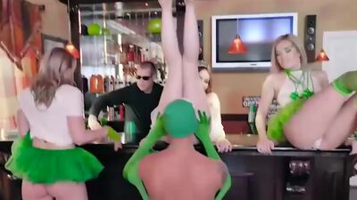 Slutty girlfriends sharing cock at the bar