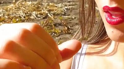 Stepsis swallows his cum outdoors Close Up