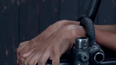 Ebony ass hooked on device bondage