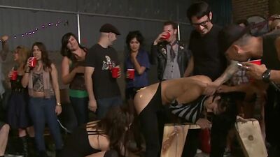 Slut stuffed with sausages in public