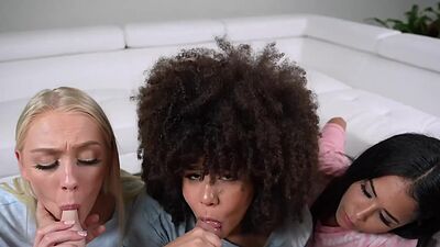 Teen BFFs slumber party foursome fuck with their shy neighbor