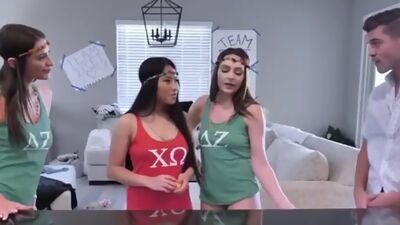 Kinky coeds sharing cock in foursome at the sorority