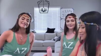 Kinky coeds sharing cock in foursome at the sorority