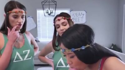 Kinky coeds sharing cock in foursome at the sorority