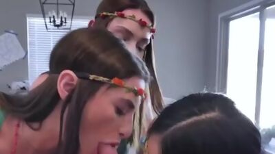 Kinky coeds sharing cock in foursome at the sorority