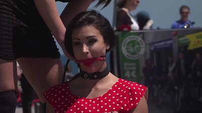Humiliated public sub gagged and stripped by her master