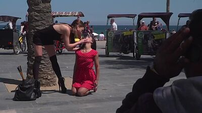 Humiliated public sub gagged and stripped by her master