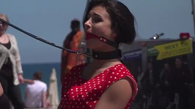 Humiliated public sub gagged and stripped by her master