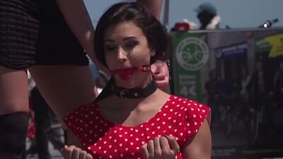 Humiliated public sub gagged and stripped by her master