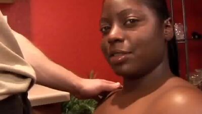 Big and busty beautiful black babe on her knees sucking cock and getting fucked