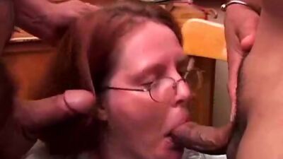 Cute chubby redhead enjoys a double header and a big mouthful of cum