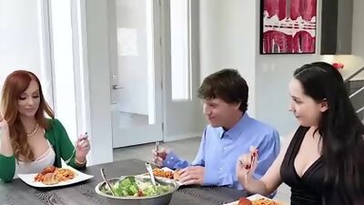 Horny stepmom takes stepdaughters boyfriend at the kitchen  to taste him