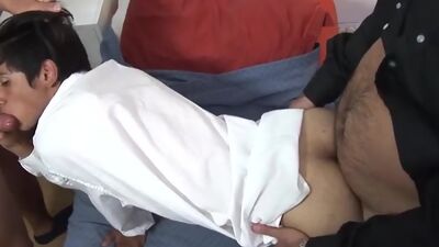 Dilf barebacks twink in threesome after cocksucking